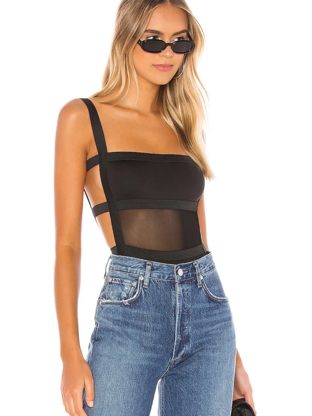 Superdown Camille Black Sheer-Panel Strappy Bodysuit